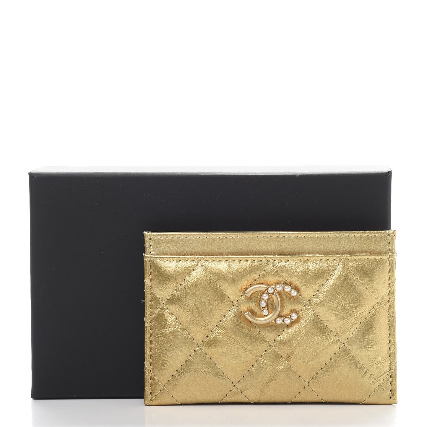 Metallic Distressed Calfskin Quilted CC Card Holder Gold
