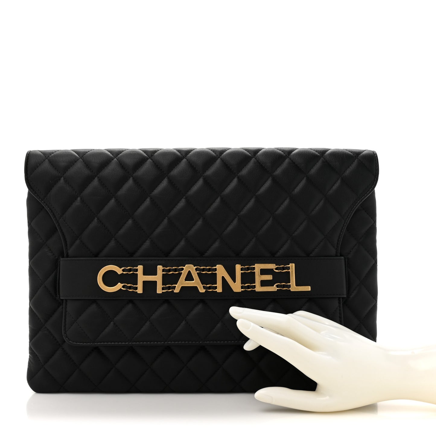 Calfskin Quilted Front Logo Enchained Clutch Black