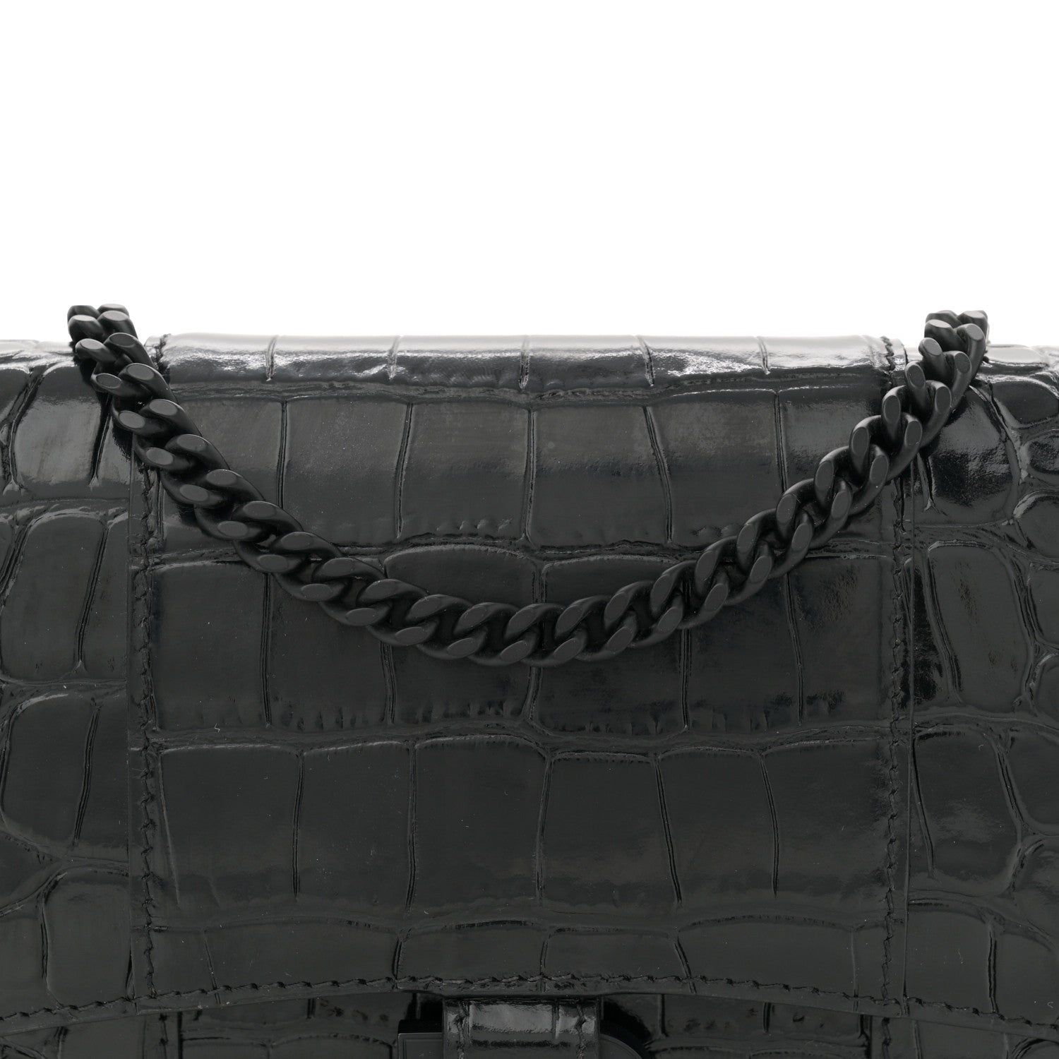 Balenciaga Shiny Calfskin Monochrome Crocodile Embossed Hourglass Chain Bag Black 7 of 9