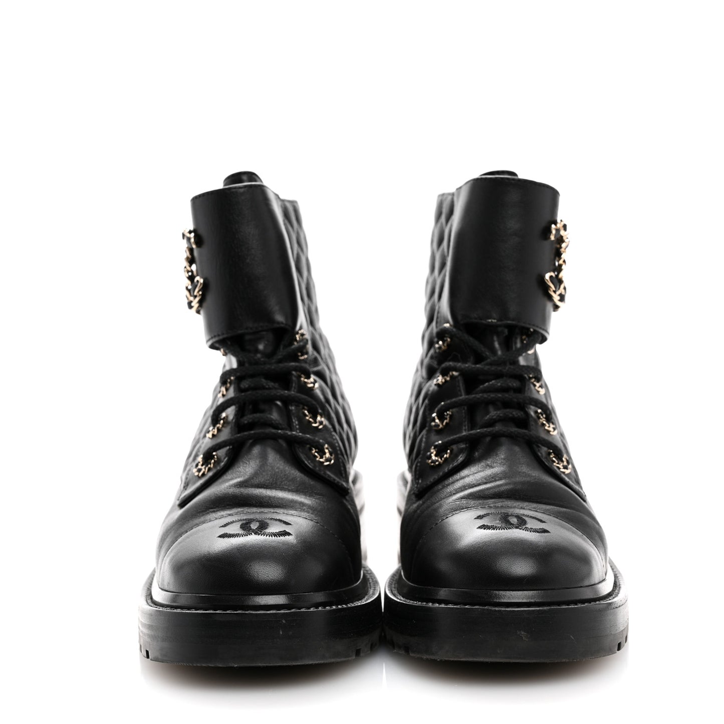 Shiny Goatskin Calfskin Quilted Lace Up Combat Boots 40 Black