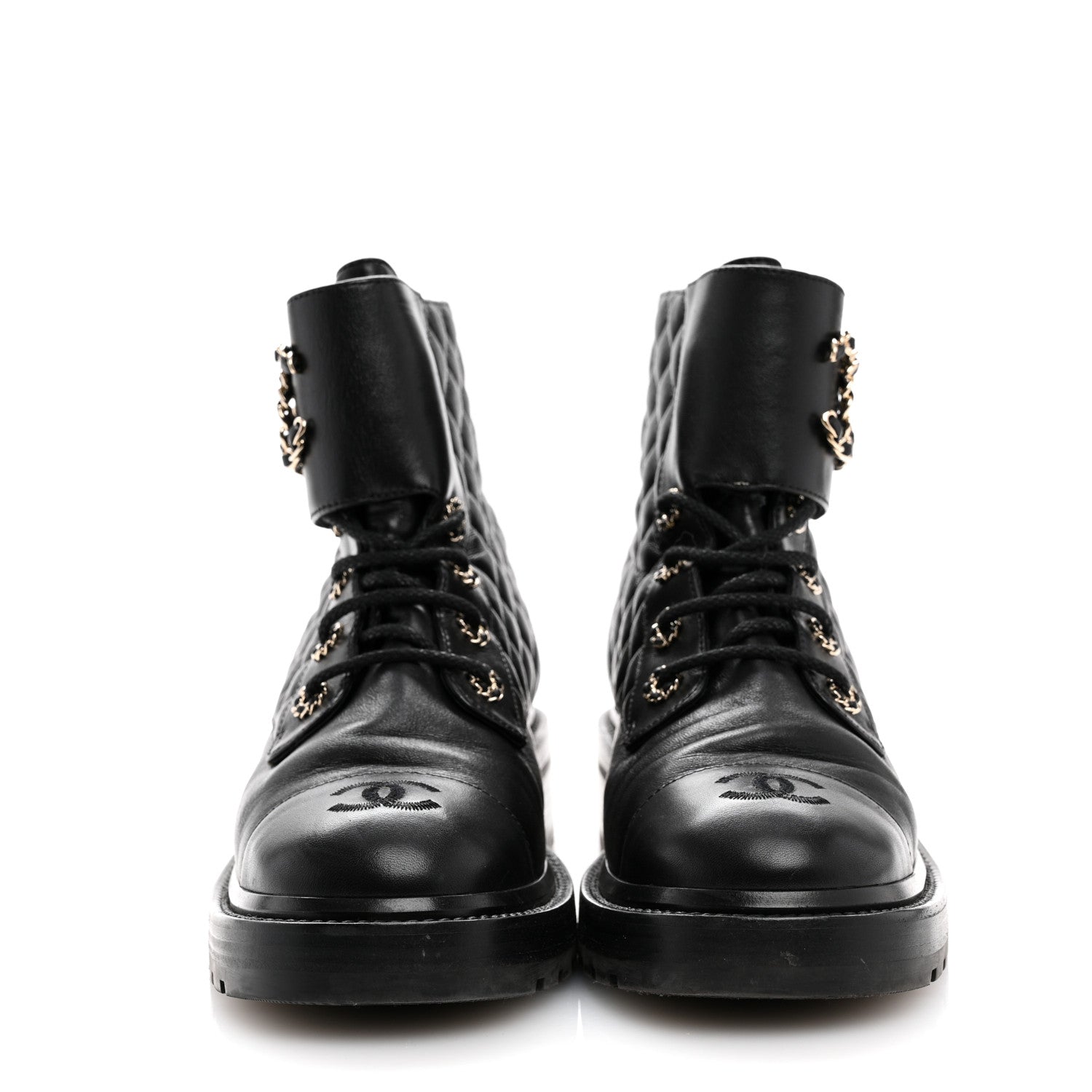 Chanel Shiny Goatskin Calfskin Quilted Lace Up Combat Boots 40 Black 3 of 10