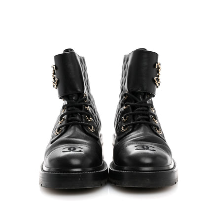 Chanel Shiny Goatskin Calfskin Quilted Lace Up Combat Boots 40 Black 3 of 10