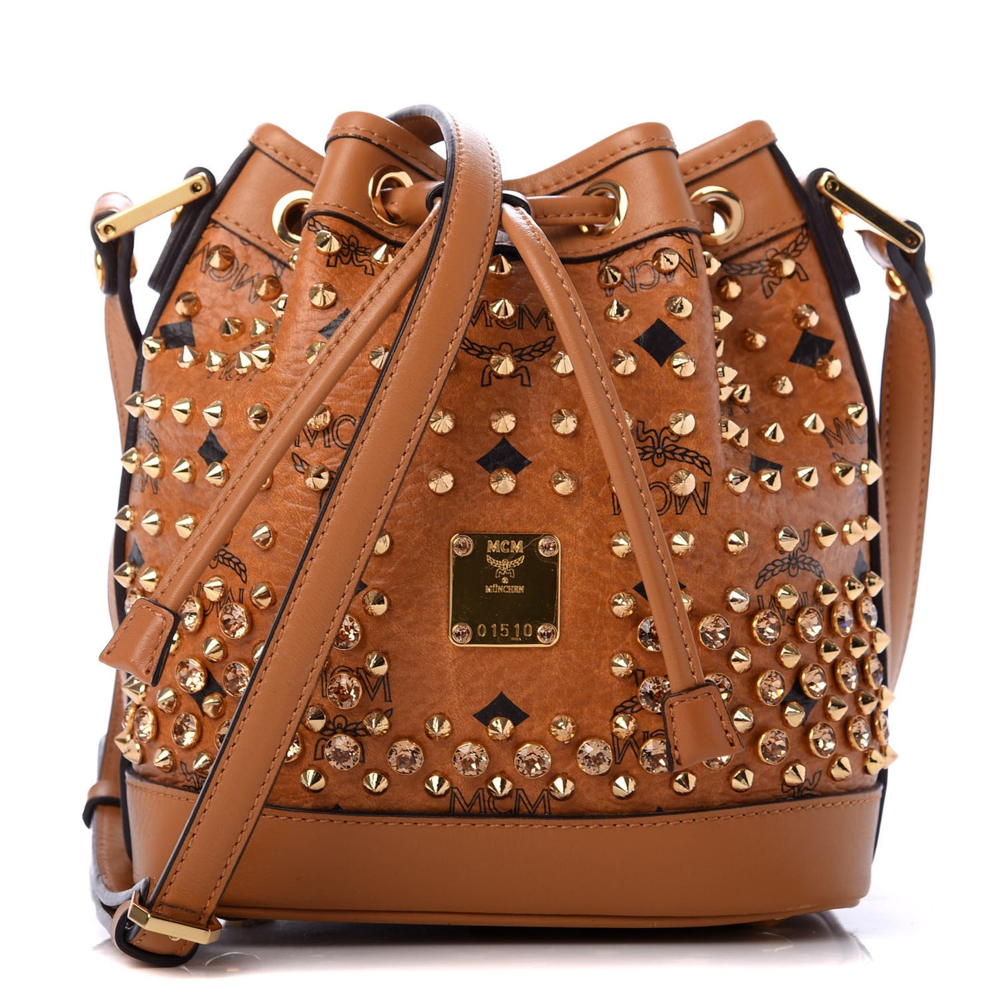 Visetos Swarovski Crystal Studded Mini Drawstring Bucket Bag Cognac