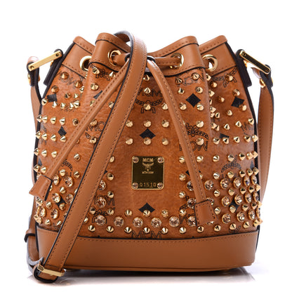 MCM Visetos Swarovski Crystal Studded Mini Drawstring Bucket Bag Cognac 1 of 9