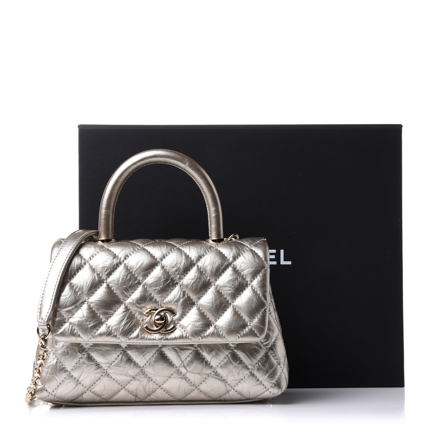 Metallic Aged Calfskin Quilted Mini Coco Handle Flap Gold