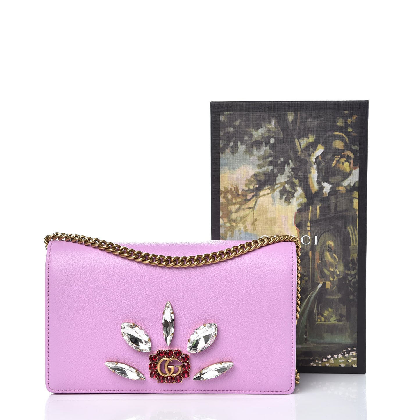 Calfskin Marquise Crystals Mini GG Chain Wallet Malva