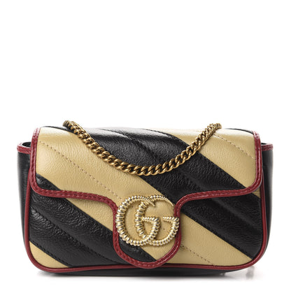 Gucci Vintage Effect Calfskin Matelasse Diagonal Striped Super Mini Torchon GG Marmont Shoulder Bag Black Beige 1 of 11