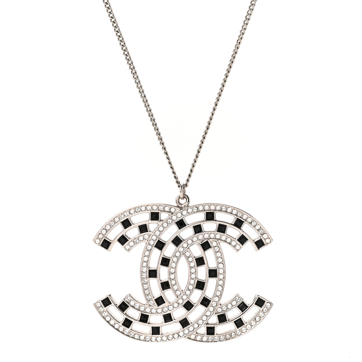 Baguette Crystal Large CC Necklace Silver Black