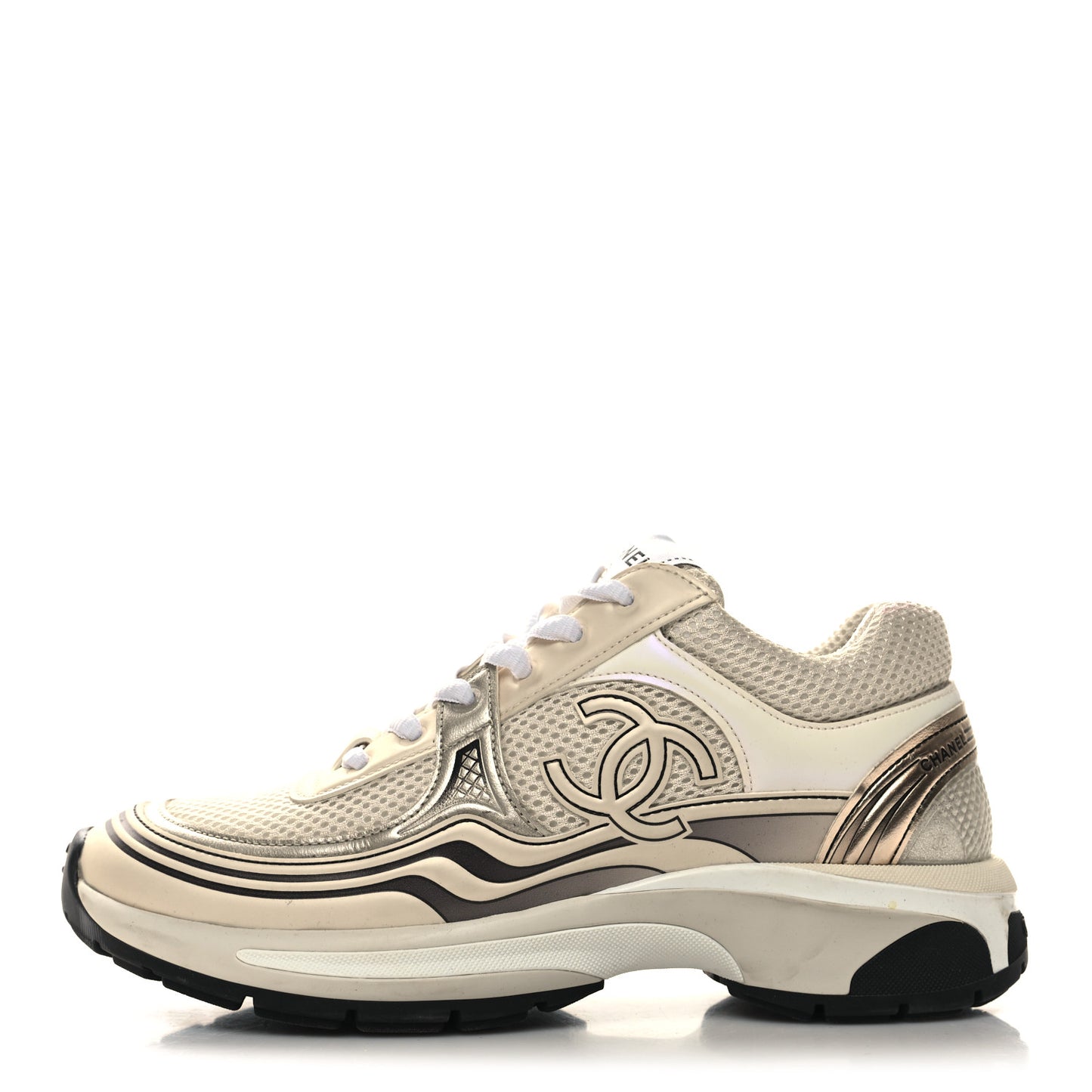 Fabric Laminated Calfskin Stretch CC Womens Sneakers 37 White Gold Silver