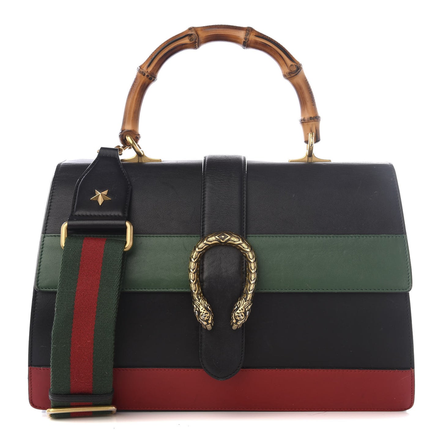 Calfskin Bamboo Web Large Dionysus Top Handle Bag Black Bright Evergreen Hibiscus Red