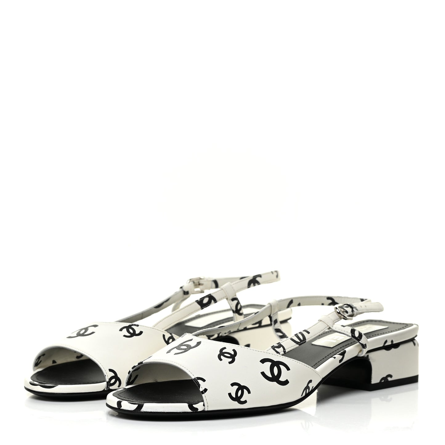 Printed Lambskin CC Slingback Sandals 40 White Black