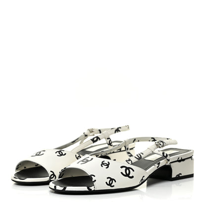 Chanel Printed Lambskin CC Slingback Sandals 40 White Black 3 of 12