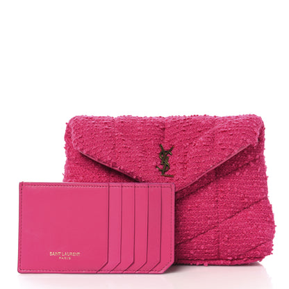 Saint Laurent Boucle Tweed Quilted Loulou Puffer Monogram Pouch Clutch Magenta 3 of 11