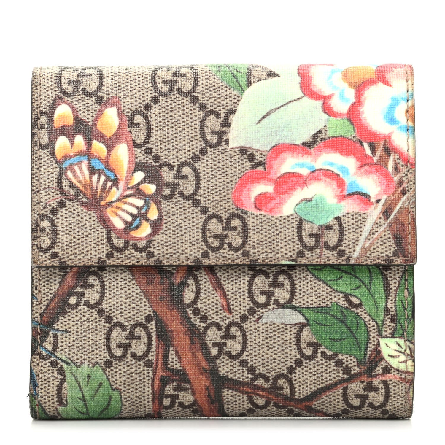 Gucci GG Supreme Monogram Tian French Flap Wallet Beige Multicolor Red 1 of 7