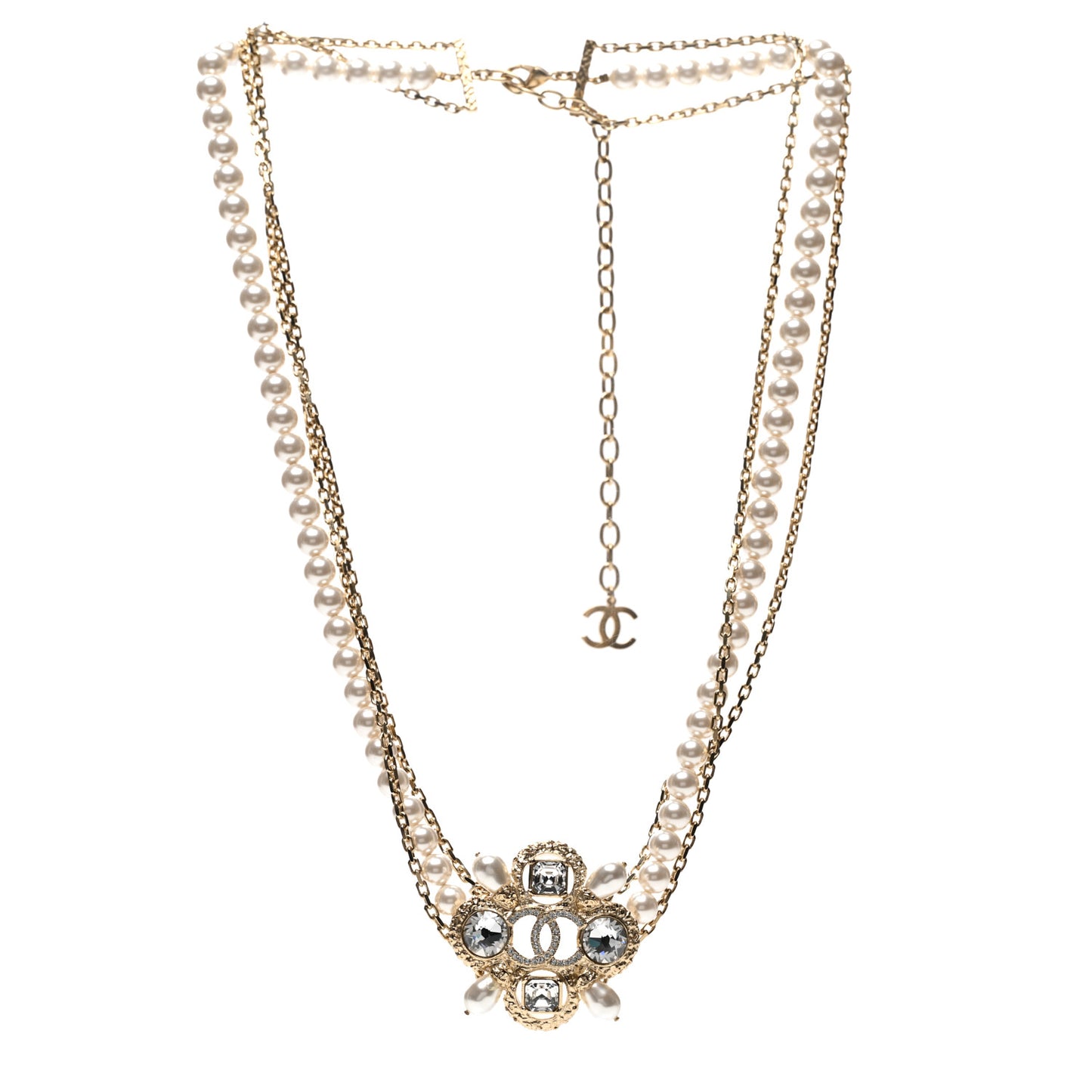 Pearl Crystal Beaded CC Necklace Gold