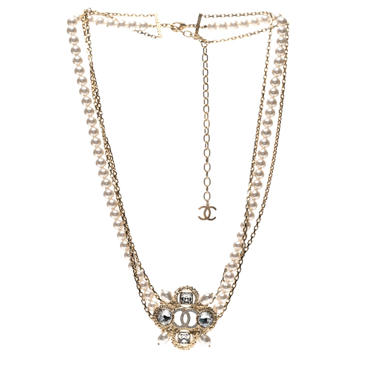 Chanel Pearl Crystal Beaded CC Necklace Gold 3 of 6