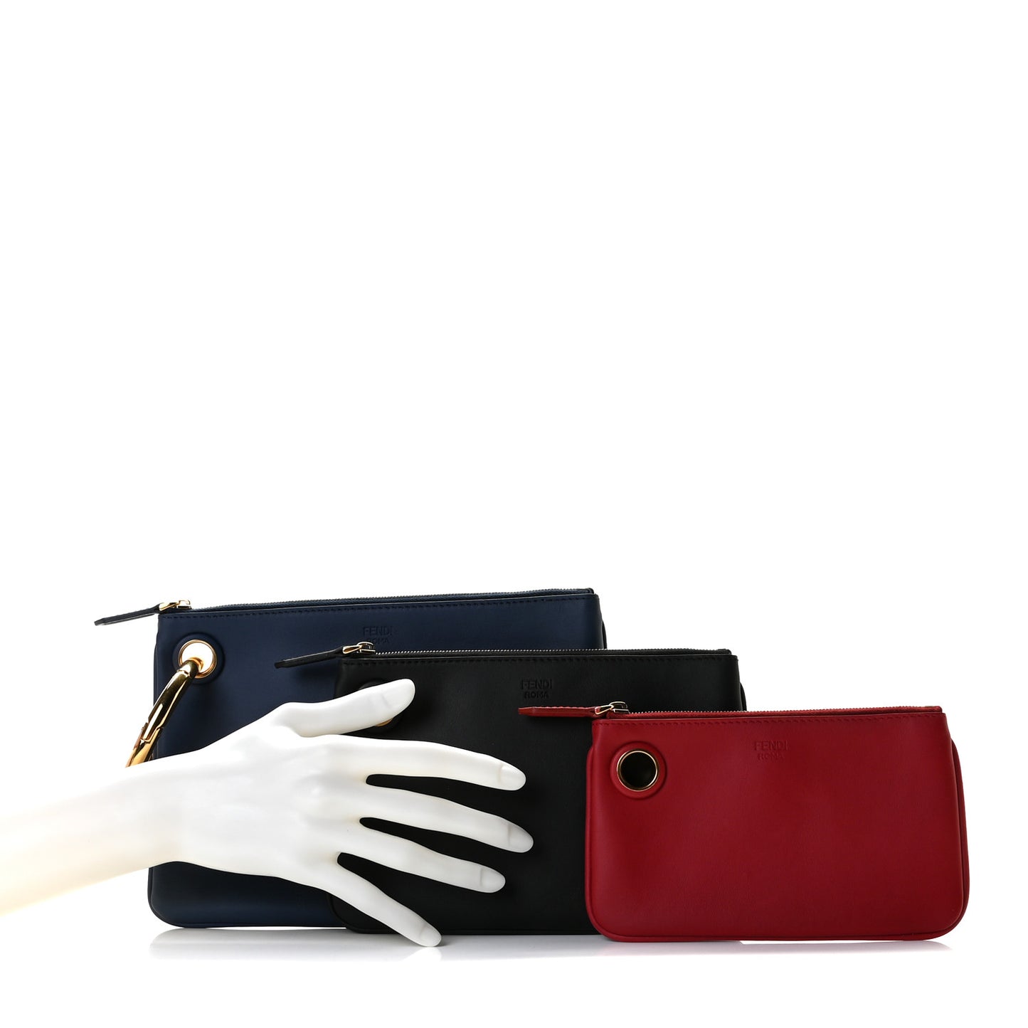 Vitello Century Opaco F is Fendi Tri-Color Triplette Pouch Set Fragola Black Blu Scuro