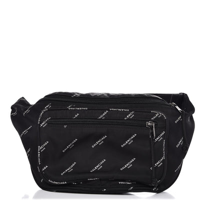 Balenciaga Twill Nylon Allover Logo Explorer Beltpack Black White 1 of 8