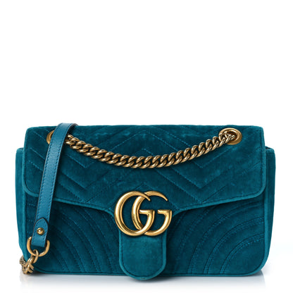 Gucci Velvet Matelasse Small GG Marmont Shoulder Bag Pavone Cyan 1 of 11