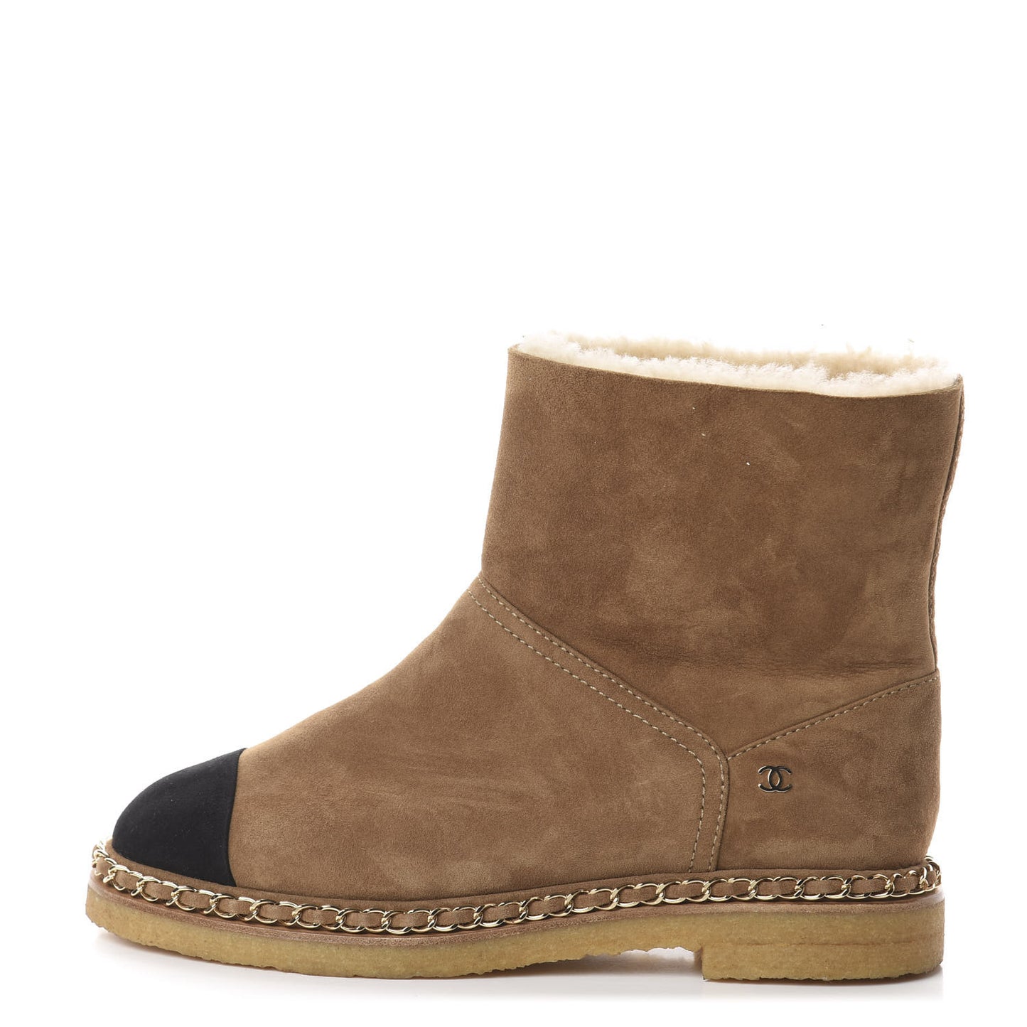Kid Suede Shearling Womens Cap Toe Chain Short Boots 37.5 Light Brown Black