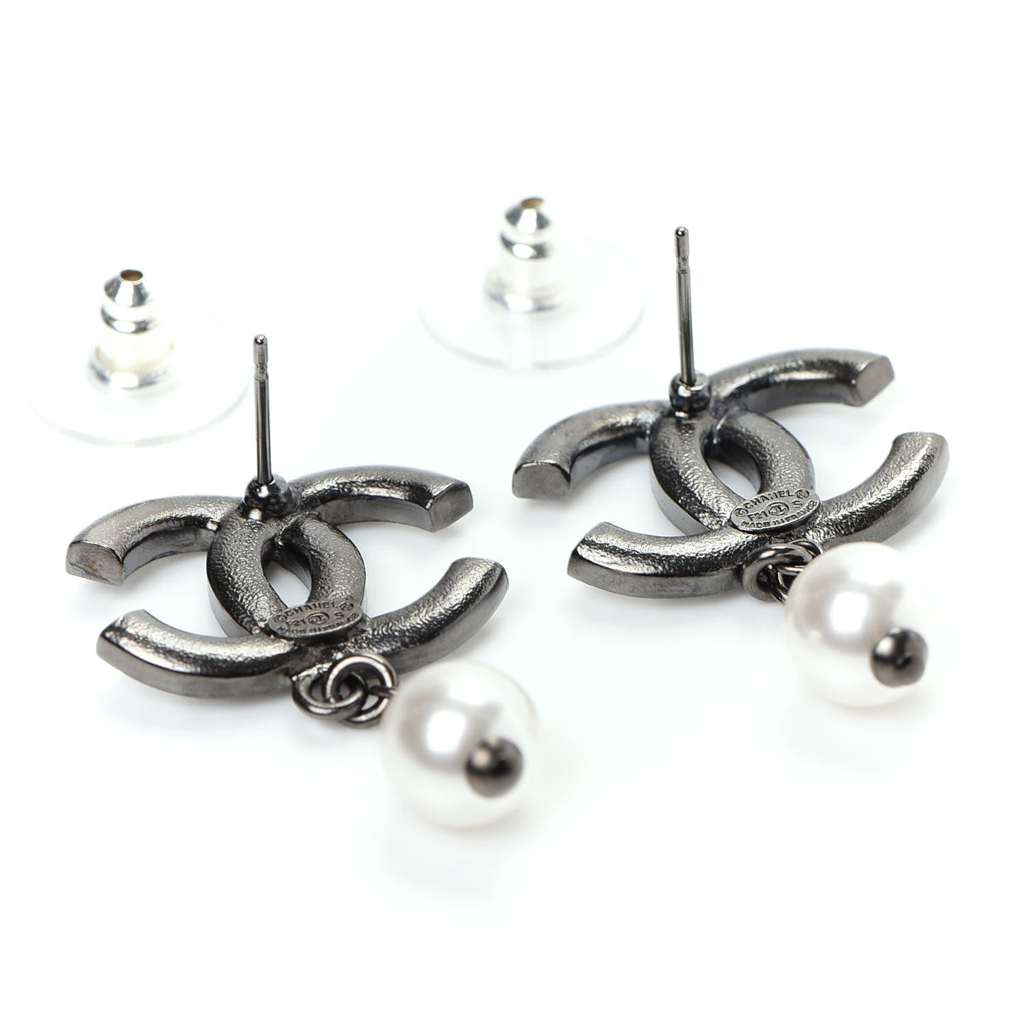 Baguette Crystal Pearl CC Drop Earrings Ruthenium