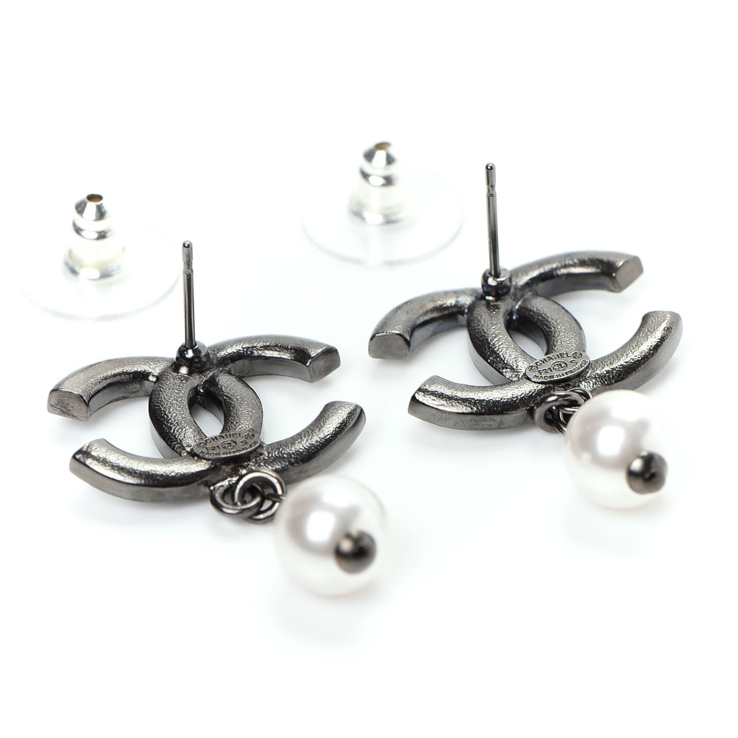 Chanel Baguette Crystal Pearl CC Drop Earrings Ruthenium 3 of 6