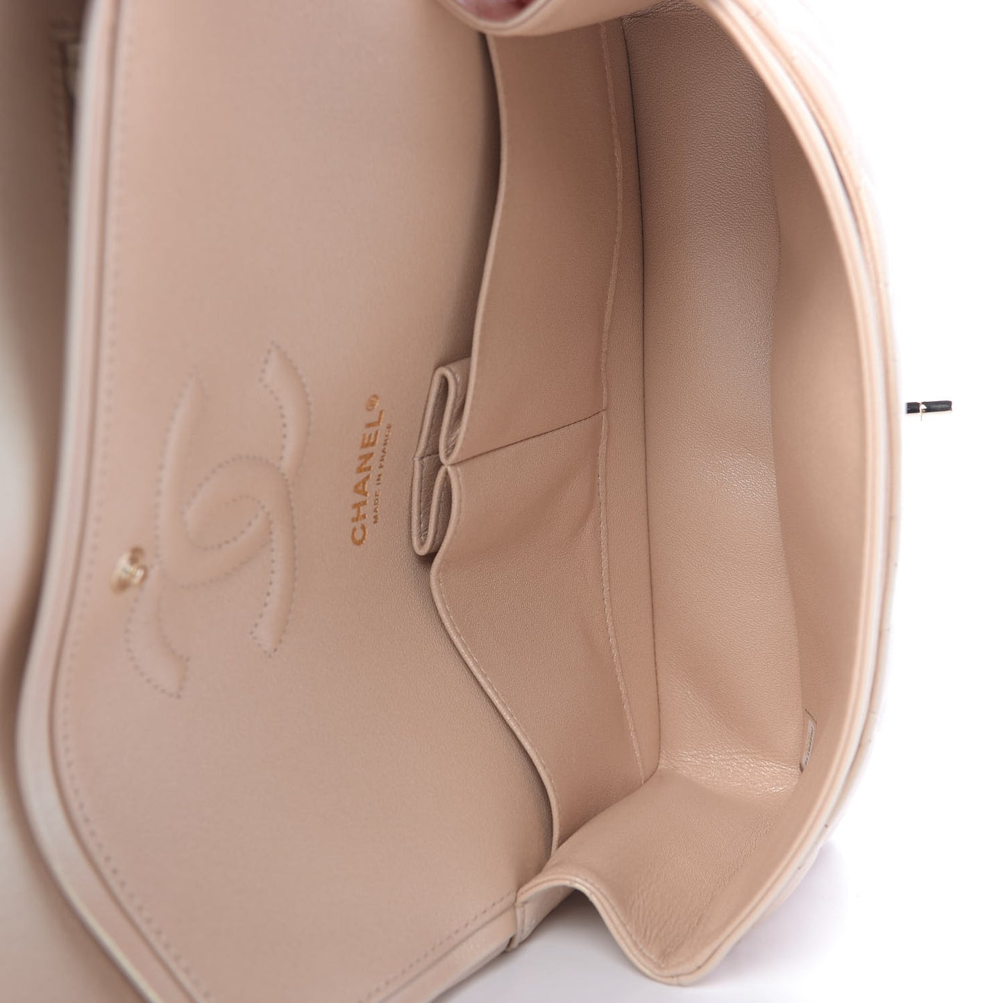 Iridescent Calfskin Quilted Medium Double Flap Beige