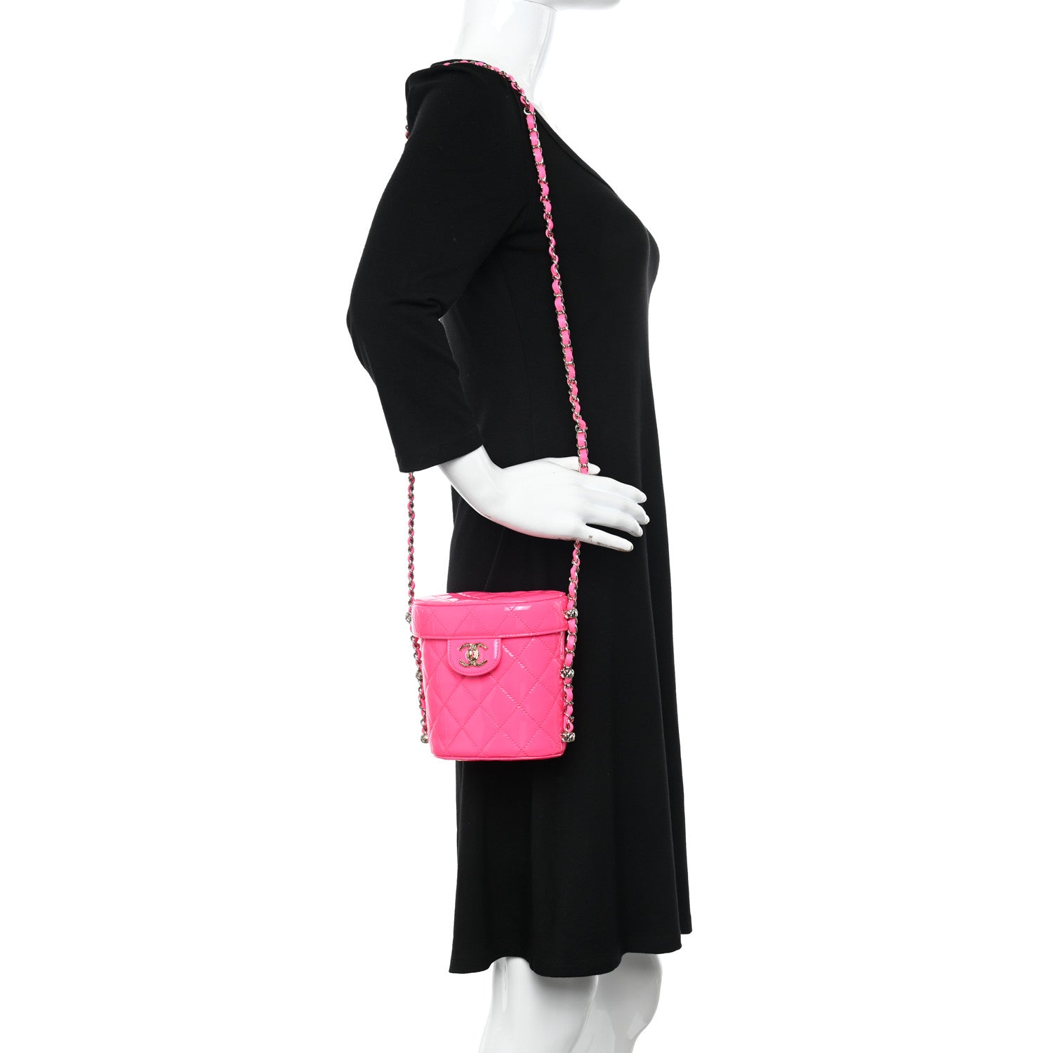 Chanel Patent Quilted CC Vani-Tea Case With Chain Neon Pink 2 of 9