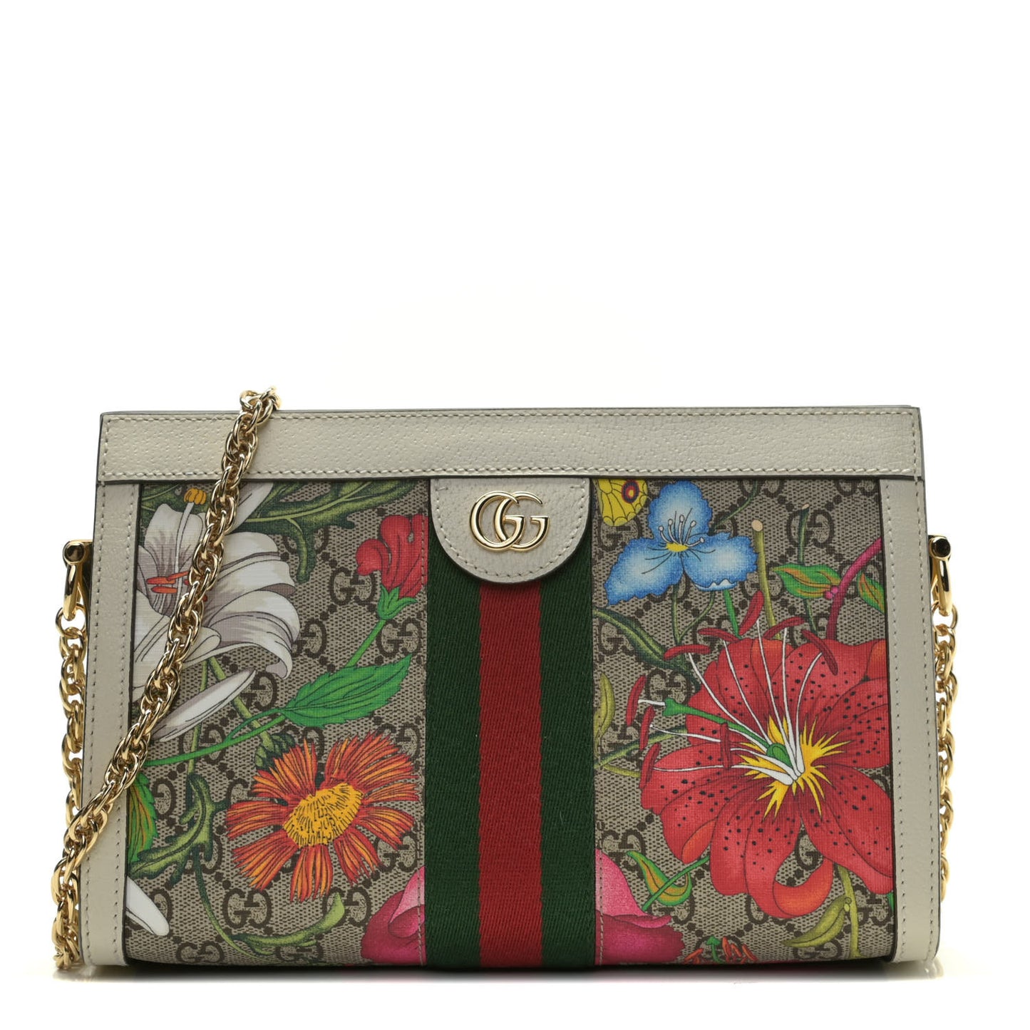 GG Supreme Monogram Flora Web Small Ophidia Chain Shoulder Bag White