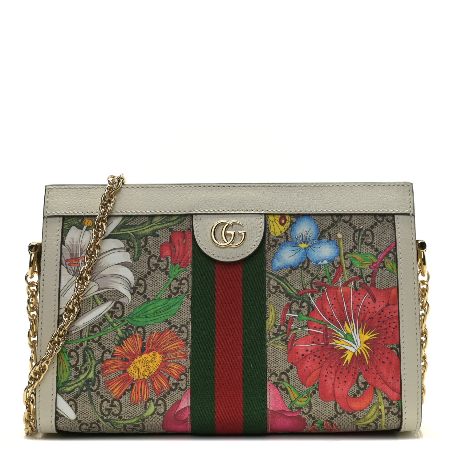 Gucci GG Supreme Monogram Flora Web Small Ophidia Chain Shoulder Bag White 1 of 11