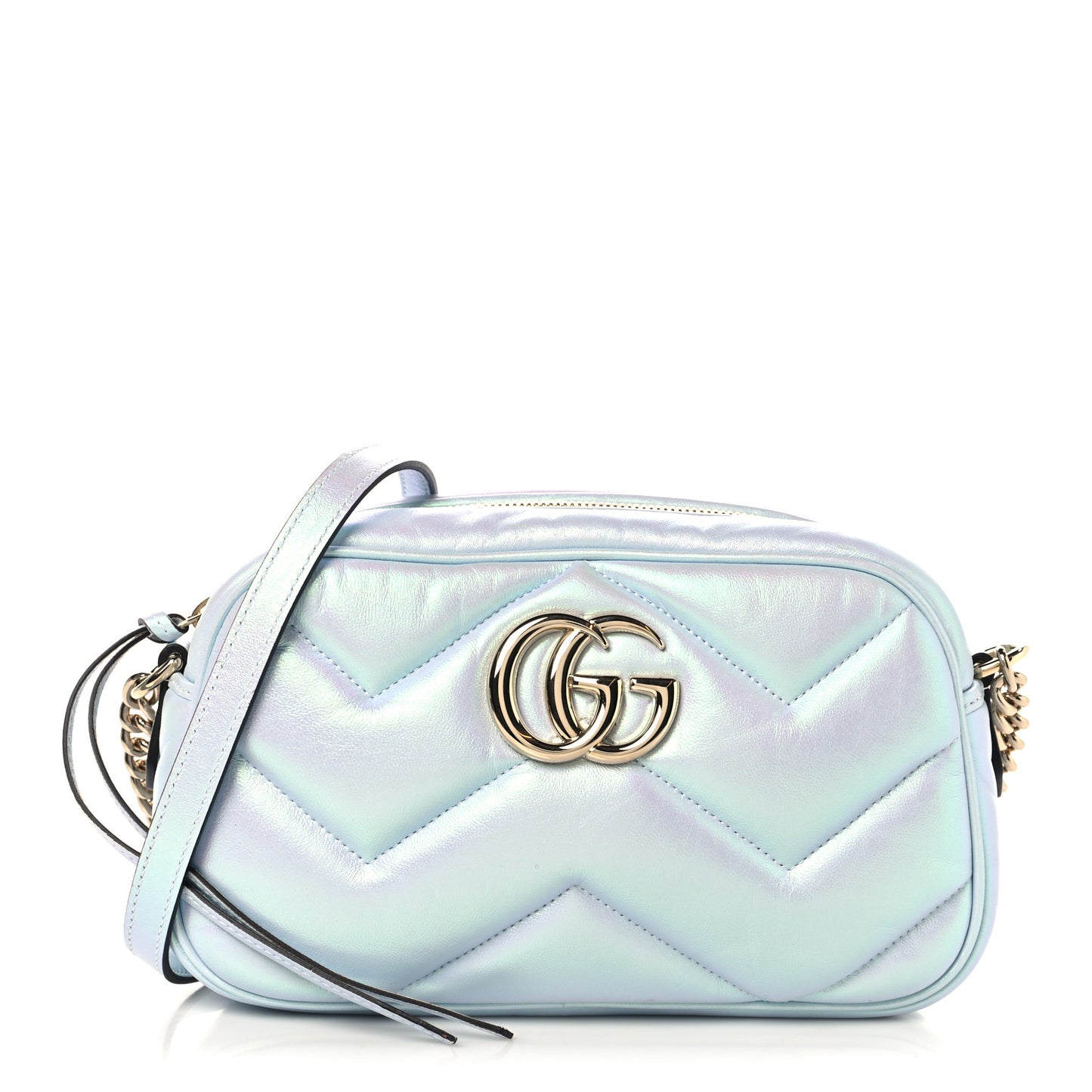 Iridescent Nappa Chevron Matelasse Small GG Marmont Chain Shoulder Bag Iridescent Snow Light Blue