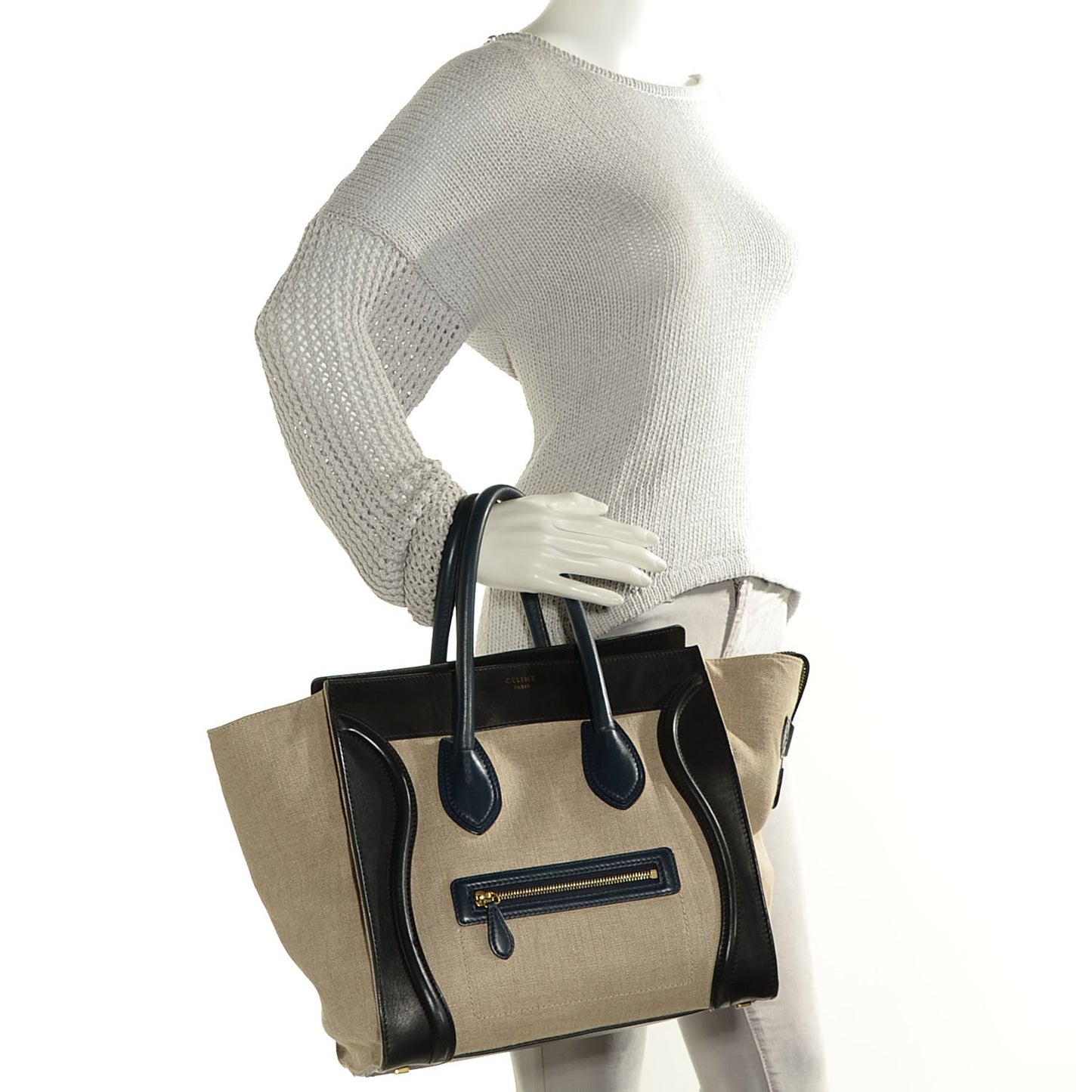 Smooth Calfskin Linen Mini Tri-Color Luggage Black Khaki Navy