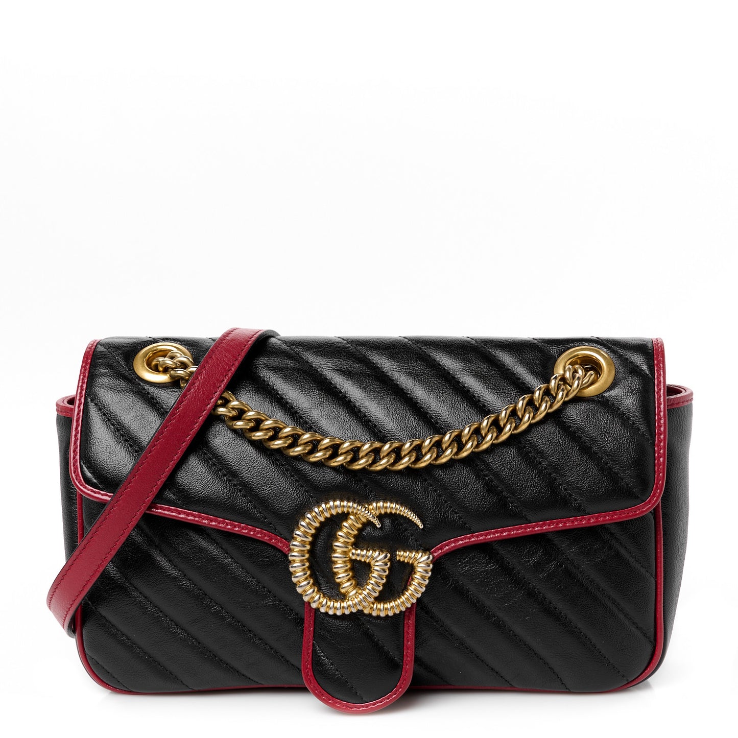 Vintage Effect Calfskin Matelasse Diagonal Small Torchon GG Marmont Shoulder Bag Black Romantic Cherry