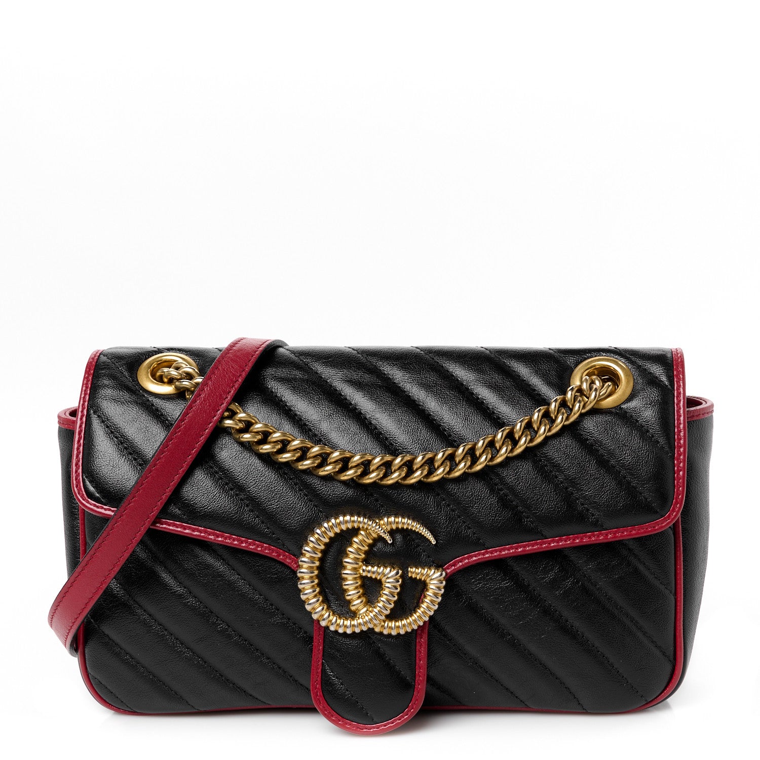 Gucci Vintage Effect Calfskin Matelasse Diagonal Small Torchon GG Marmont Shoulder Bag Black Romantic Cherry 1 of 11