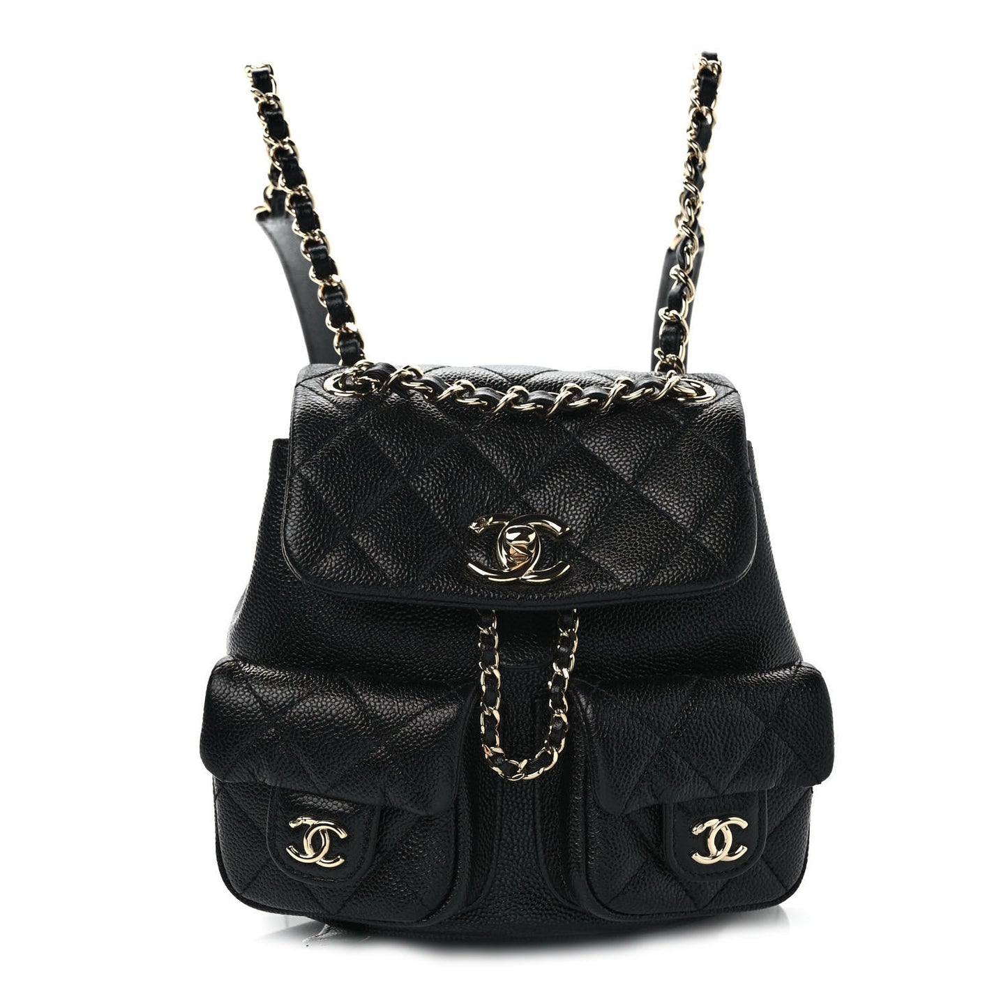 Shiny Caviar Quilted Small Duma Pockets Drawstring Backpack Black