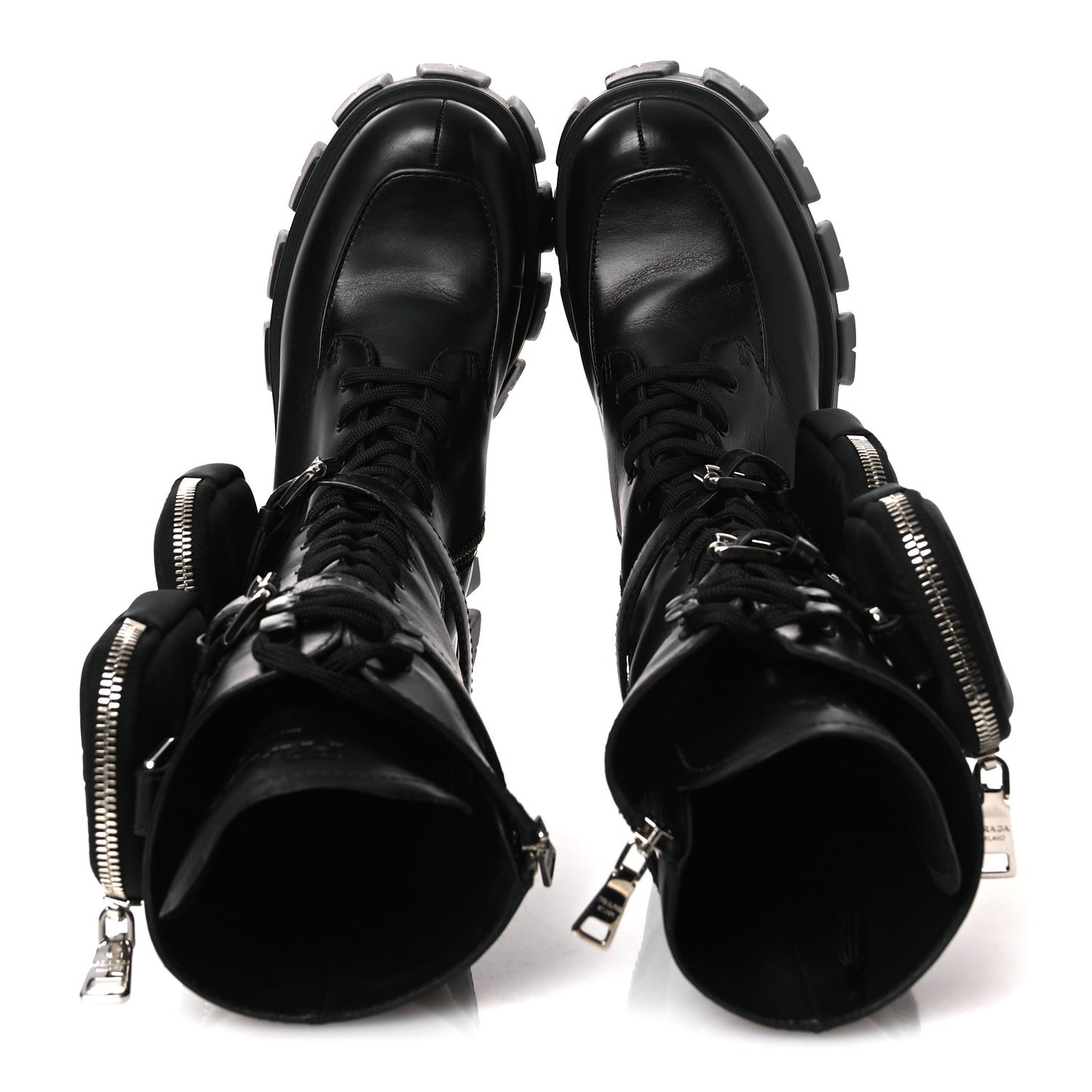 Vitello Lux Nylon Metal Triangle Logo Monolith Pouch Pocket 55mm Tall Combat Boots 38.5 Black