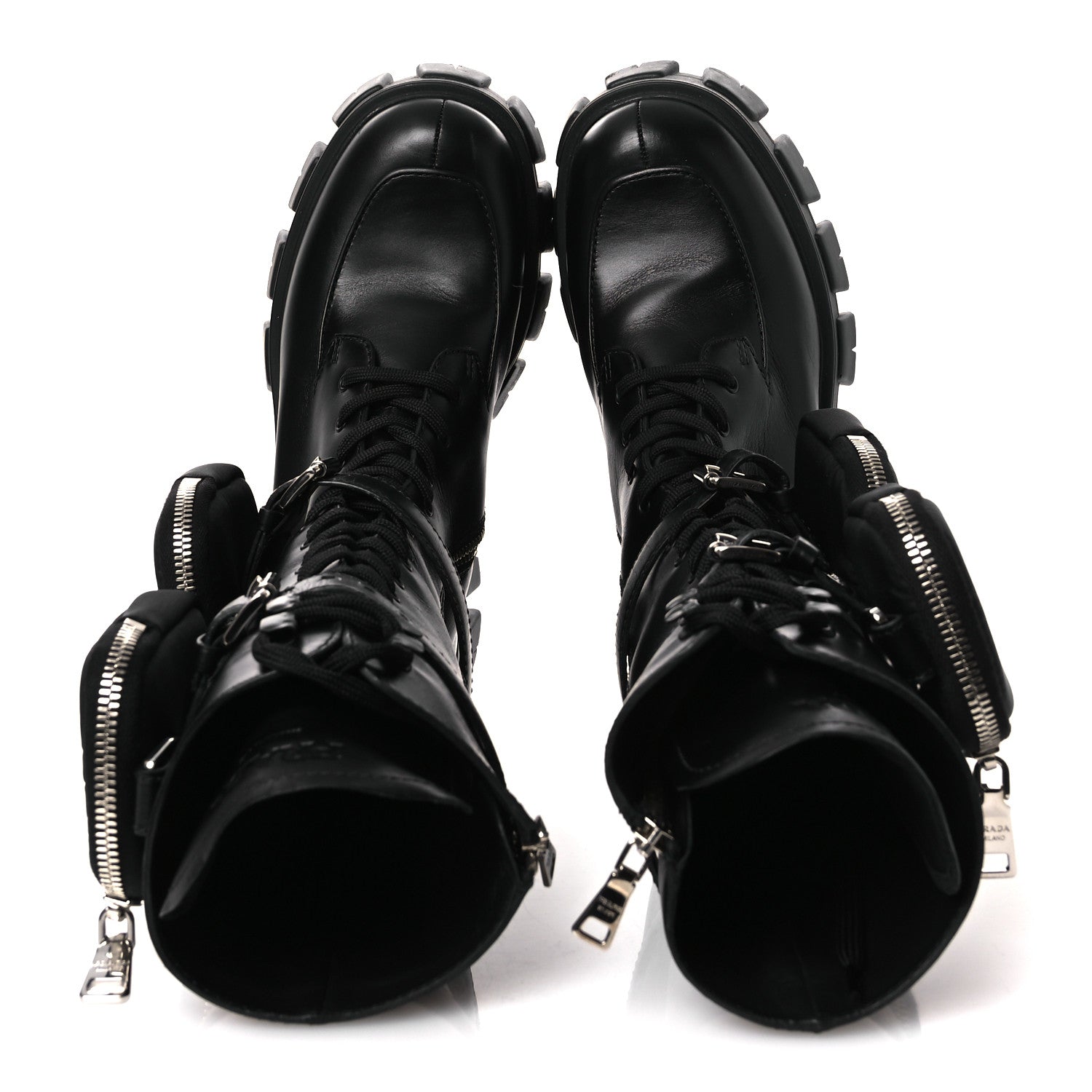 Prada Vitello Lux Nylon Metal Triangle Logo Monolith Pouch Pocket 55mm Tall Combat Boots 38.5 Black 2 of 12