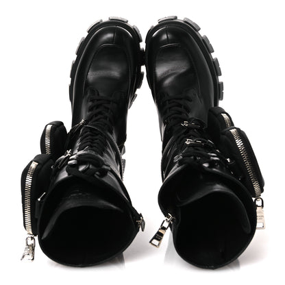 Prada Vitello Lux Nylon Metal Triangle Logo Monolith Pouch Pocket 55mm Tall Combat Boots 38.5 Black 2 of 12
