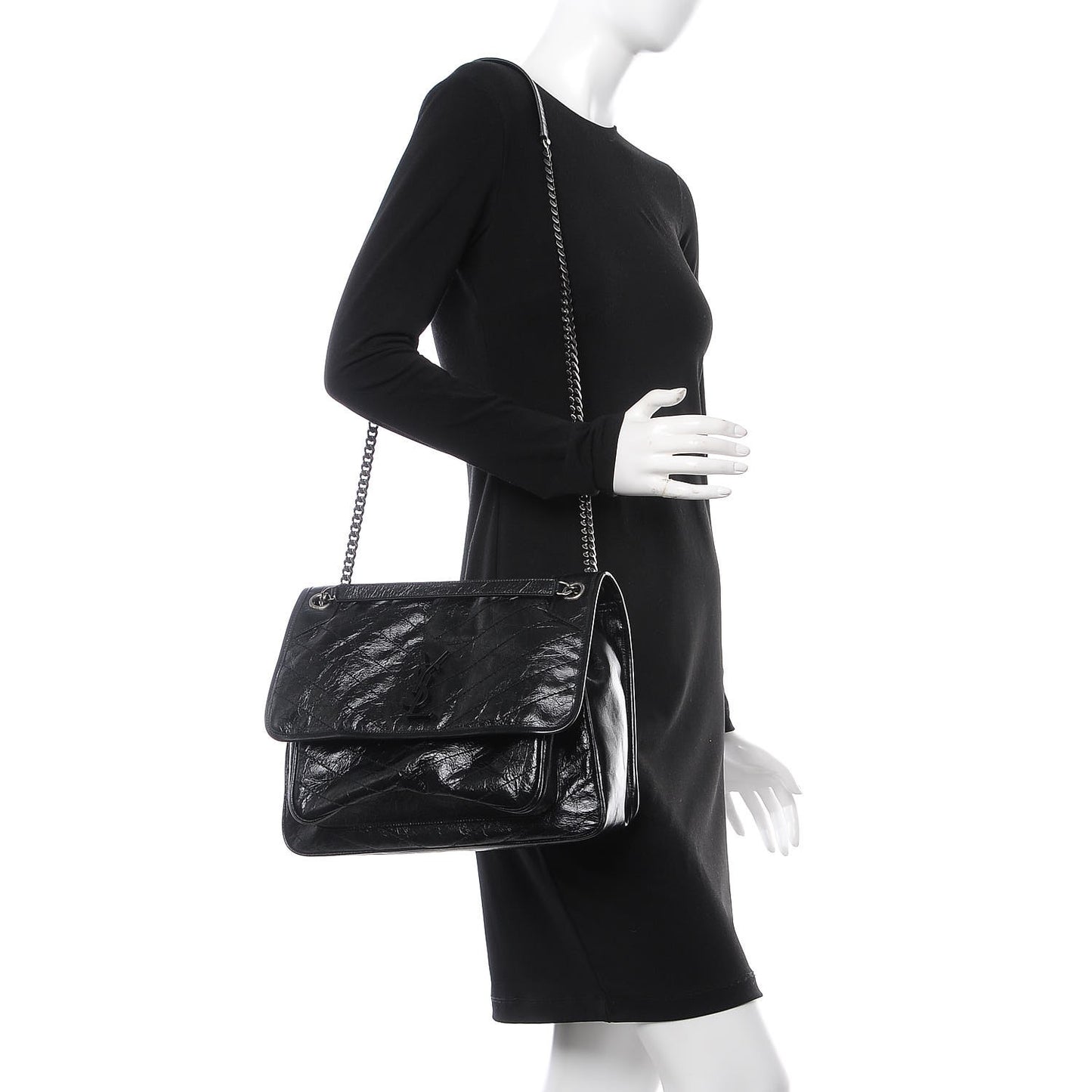 Crinkled Calfskin Matelasse Monogram Large Niki Chain Satchel Black