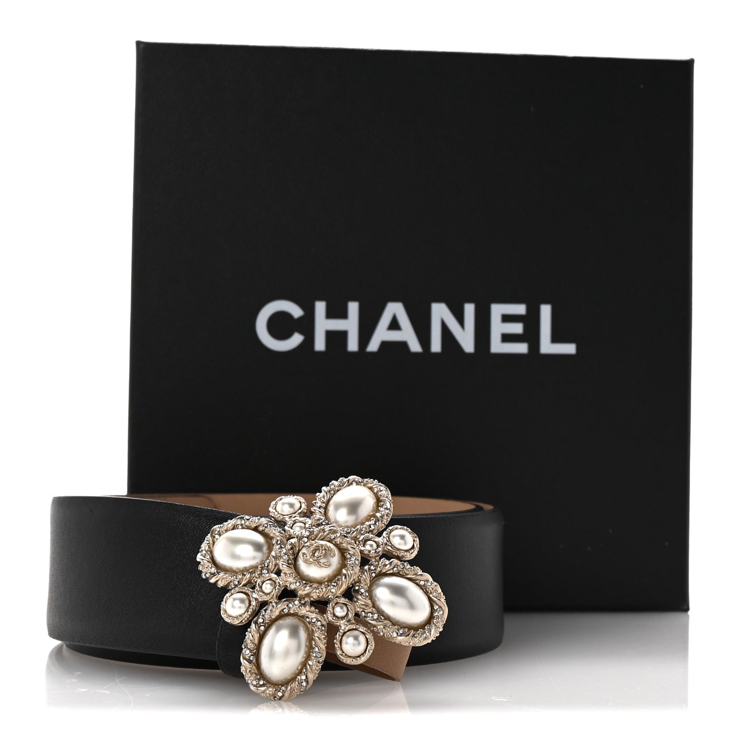 Calfskin Pearl Crystal CC Belt 85/34 Black Gold