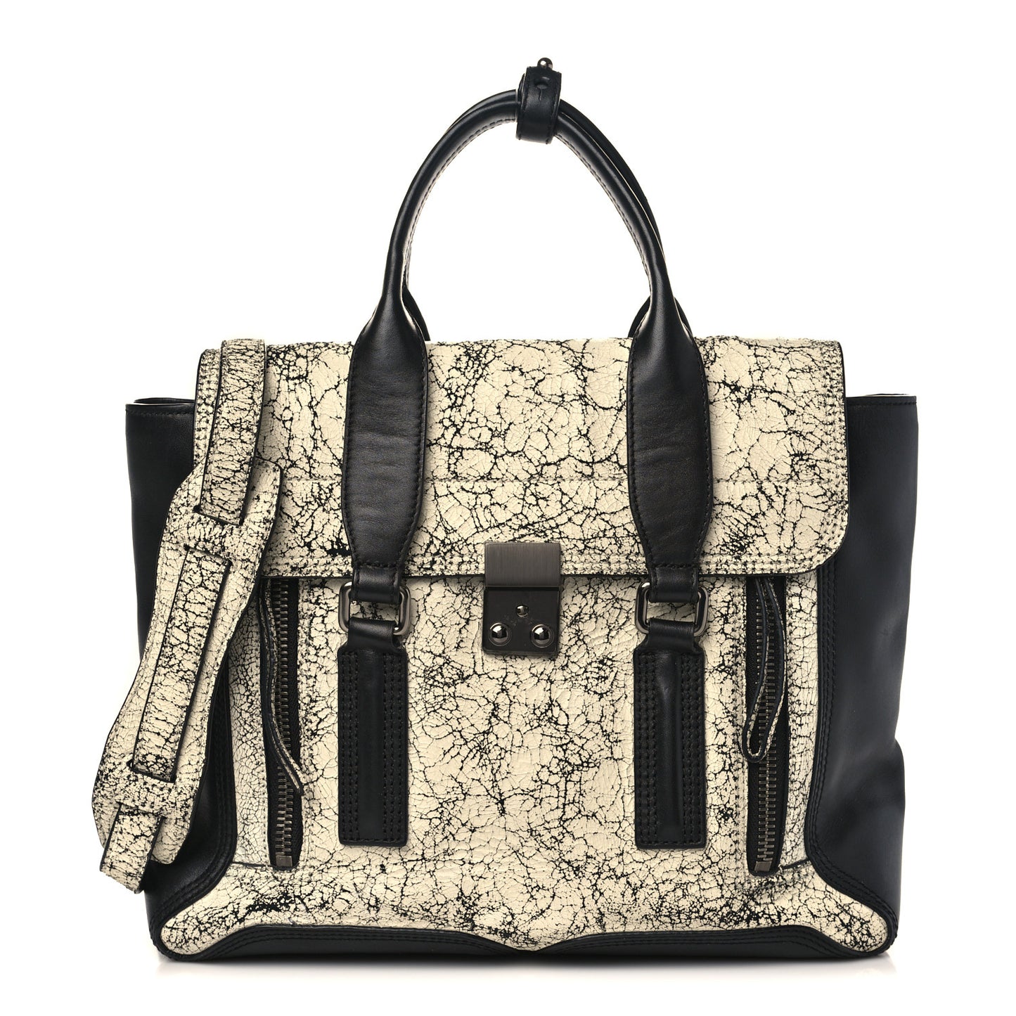 Cracked Lambskin Large Pashli Satchel Black White