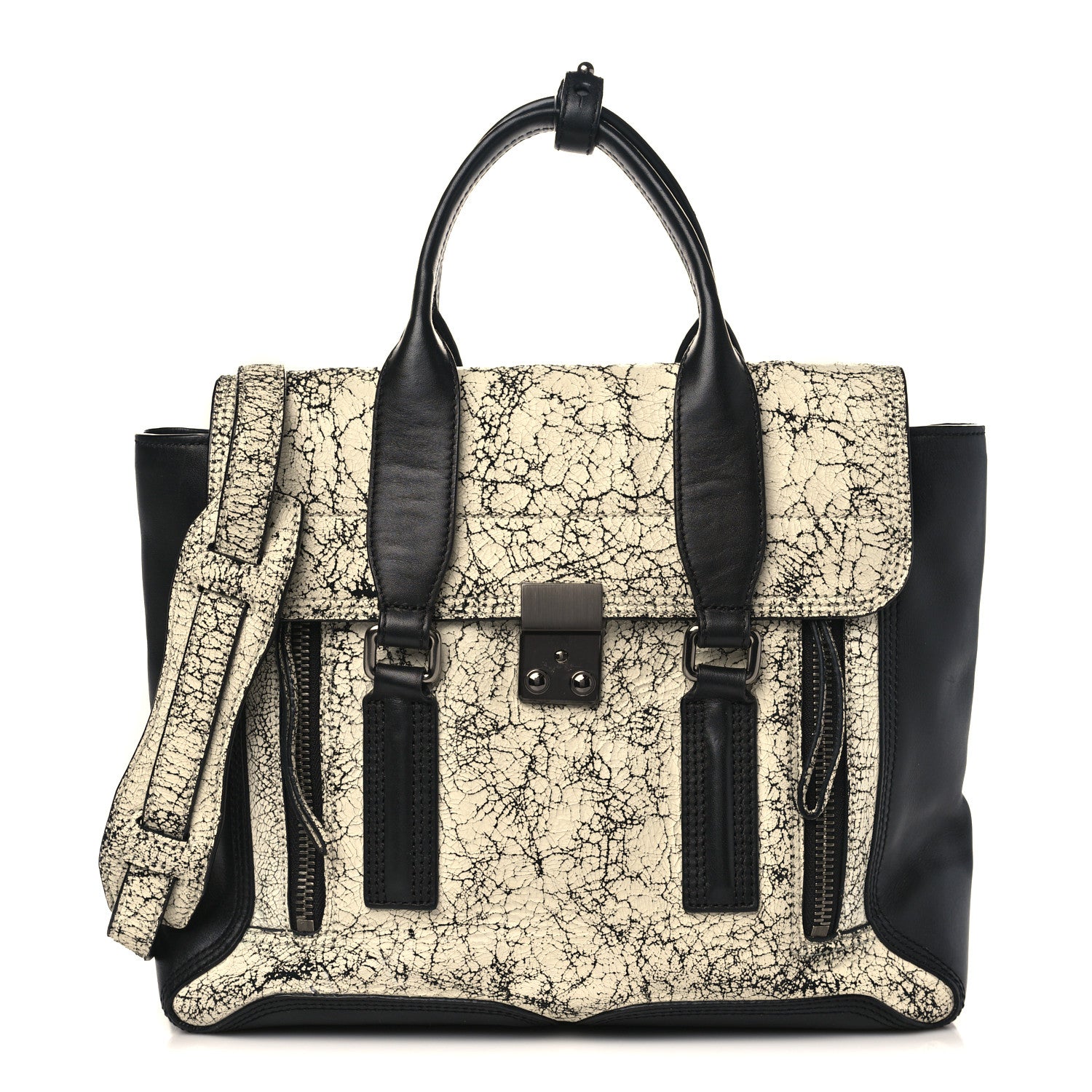 3.1 Phillip Lim Cracked Lambskin Large Pashli Satchel Black White 1 of 9