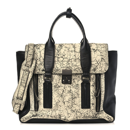 3.1 Phillip Lim Cracked Lambskin Large Pashli Satchel Black White 1 of 9