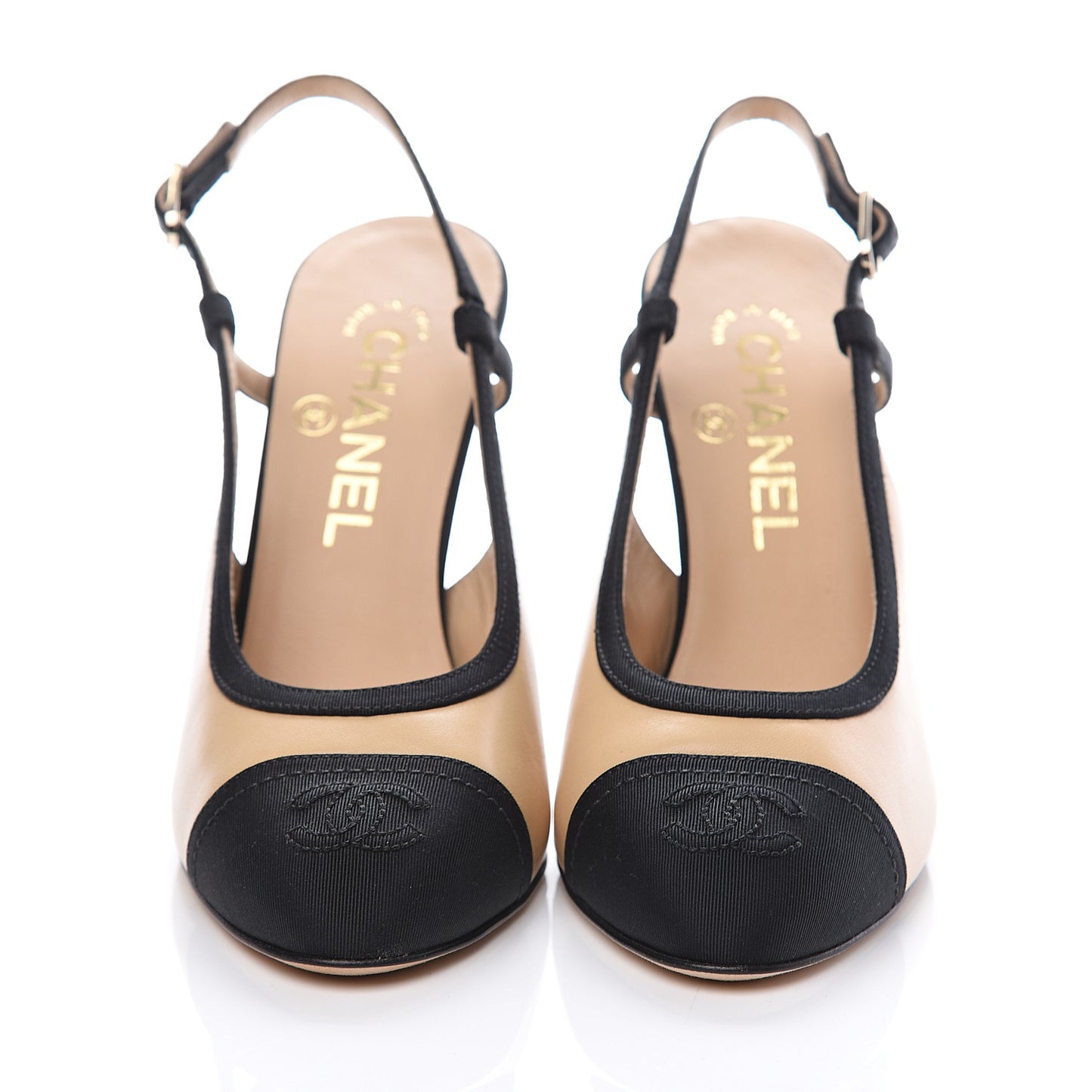 Lambskin Grosgrain Cap Toe CC Slingback Pumps 36 Beige Black