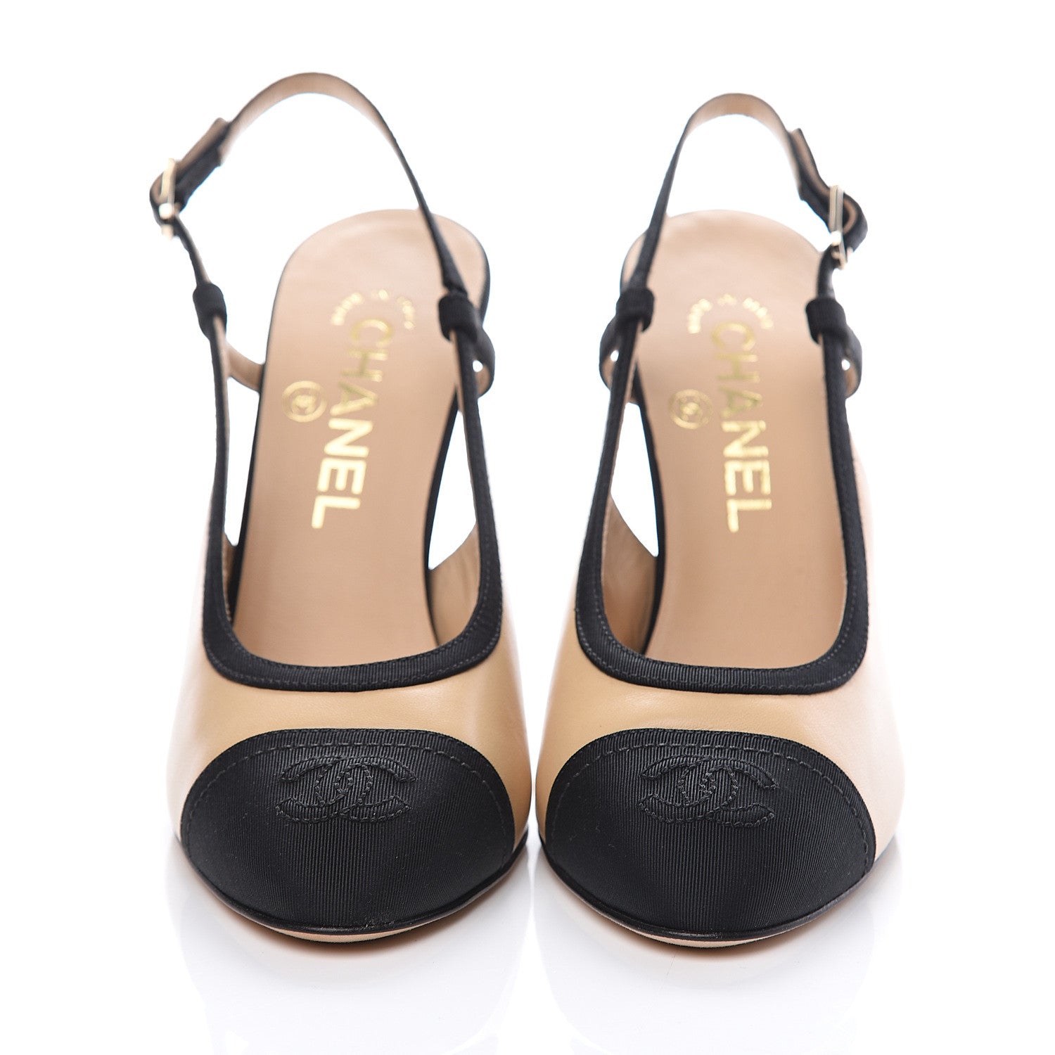 Chanel Lambskin Grosgrain Cap Toe CC Slingback Pumps 36 Beige Black 2 of 10