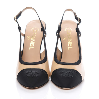 Chanel Lambskin Grosgrain Cap Toe CC Slingback Pumps 36 Beige Black 2 of 10