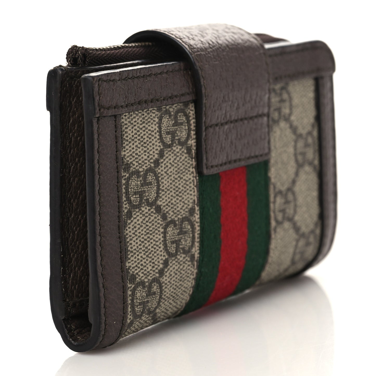 GG Supreme Monogram Textured Dollar Calfskin Web Ophidia Overlay Zip Around Card Case Wallet Beige Ebony New Acero