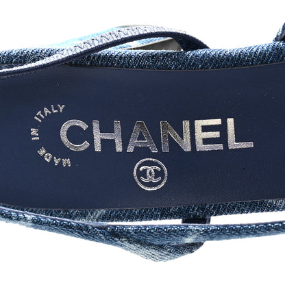 Chanel Printed Denim Cap Toe CC Slingback Pumps 38.5 Dark Blue White 8 of 9