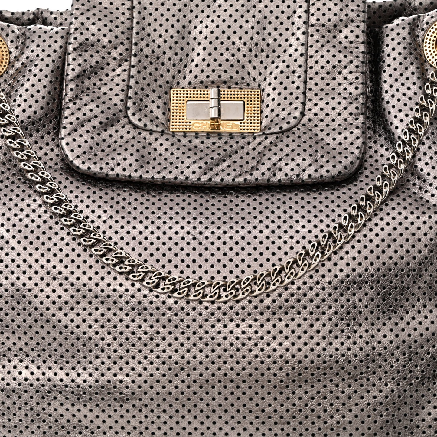 Metallic Crackled Calfskin Perforated Drill Shoulder Bag Silver