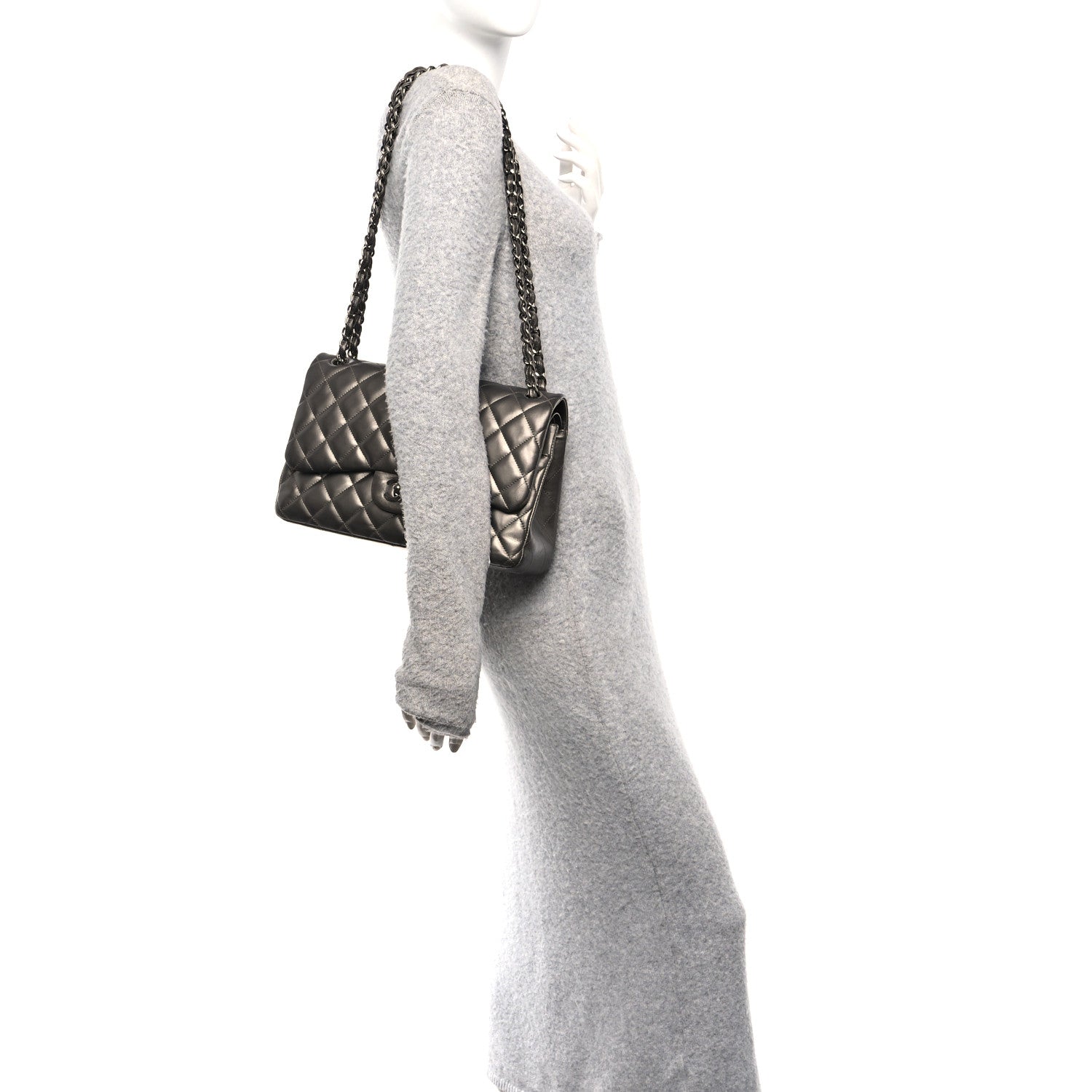 Chanel Metallic Lambskin Quilted Jumbo Double Flap Pewter 2 of 14